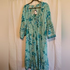 Avenue Size 18 Floral Blue Dress. Cute Ruffle Detail And Tie With Tassel's.